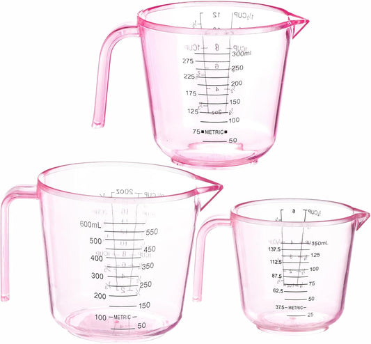 Cute Pink Plastic Measuring Cup - 3 Pack (150ml, 300ml, 600ml) | for Home Kitchen Cooking and Baking Seasoning Liquid, with Handle and Triangle Mouth, Pink
