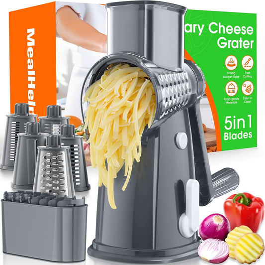 5 Blade Rotary Cheese Grater Hand Crank with Storage Box, Vegetable Chopper, Cheese Shredder for Cheeses, Veggies, Nuts - Easy to Use, Non-slip Suction Base, Gray