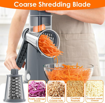 5 Blade Rotary Cheese Grater Hand Crank with Storage Box, Vegetable Chopper, Cheese Shredder for Cheeses, Veggies, Nuts - Easy to Use, Non-slip Suction Base, Gray