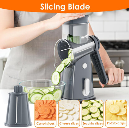 5 Blade Rotary Cheese Grater Hand Crank with Storage Box, Vegetable Chopper, Cheese Shredder for Cheeses, Veggies, Nuts - Easy to Use, Non-slip Suction Base, Gray
