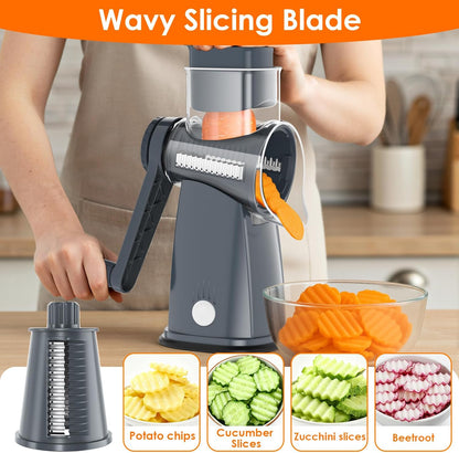 5 Blade Rotary Cheese Grater Hand Crank with Storage Box, Vegetable Chopper, Cheese Shredder for Cheeses, Veggies, Nuts - Easy to Use, Non-slip Suction Base, Gray