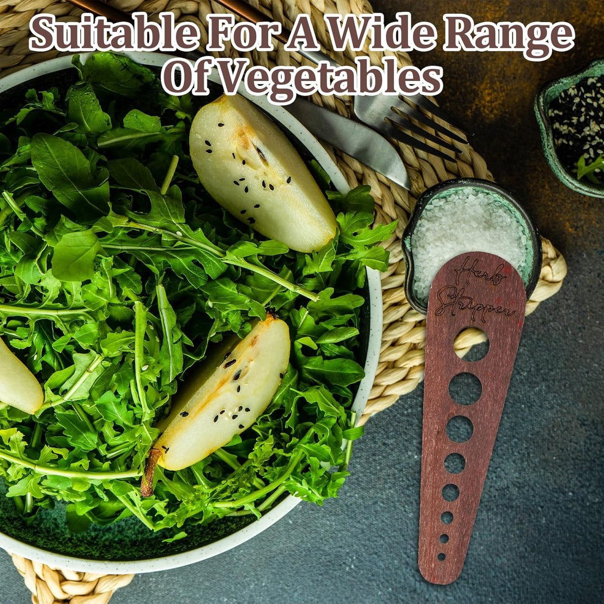 Herb Stripper Tool, Wooden Herb Stripper Vegetable Leaf Remover 8 Different Aperture Designs Wood Stripping Strippers Suitable for Herbs, Parsley, Coriander, Thyme, Rosemary (Brown)