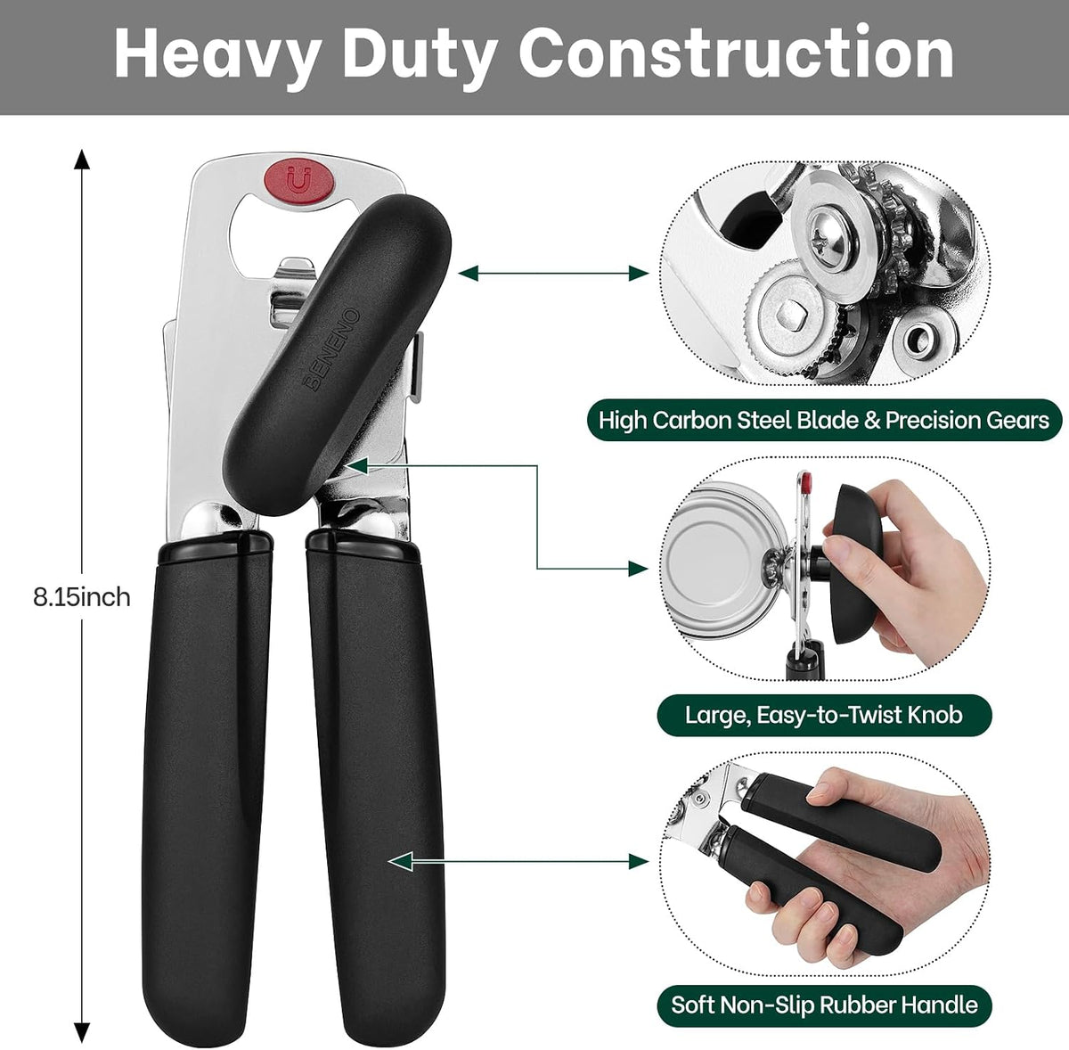 Heavy Duty Magnetic Manual Can Opener and Bottle Opener, Black