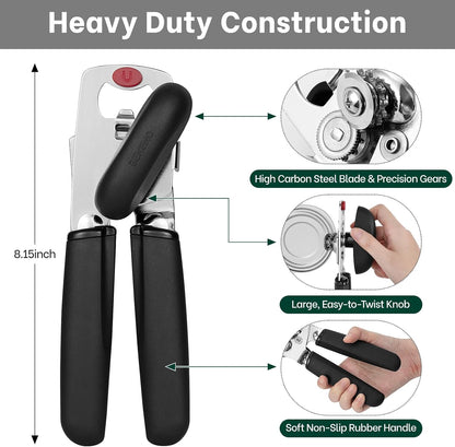 Heavy Duty Magnetic Manual Can Opener and Bottle Opener, Black
