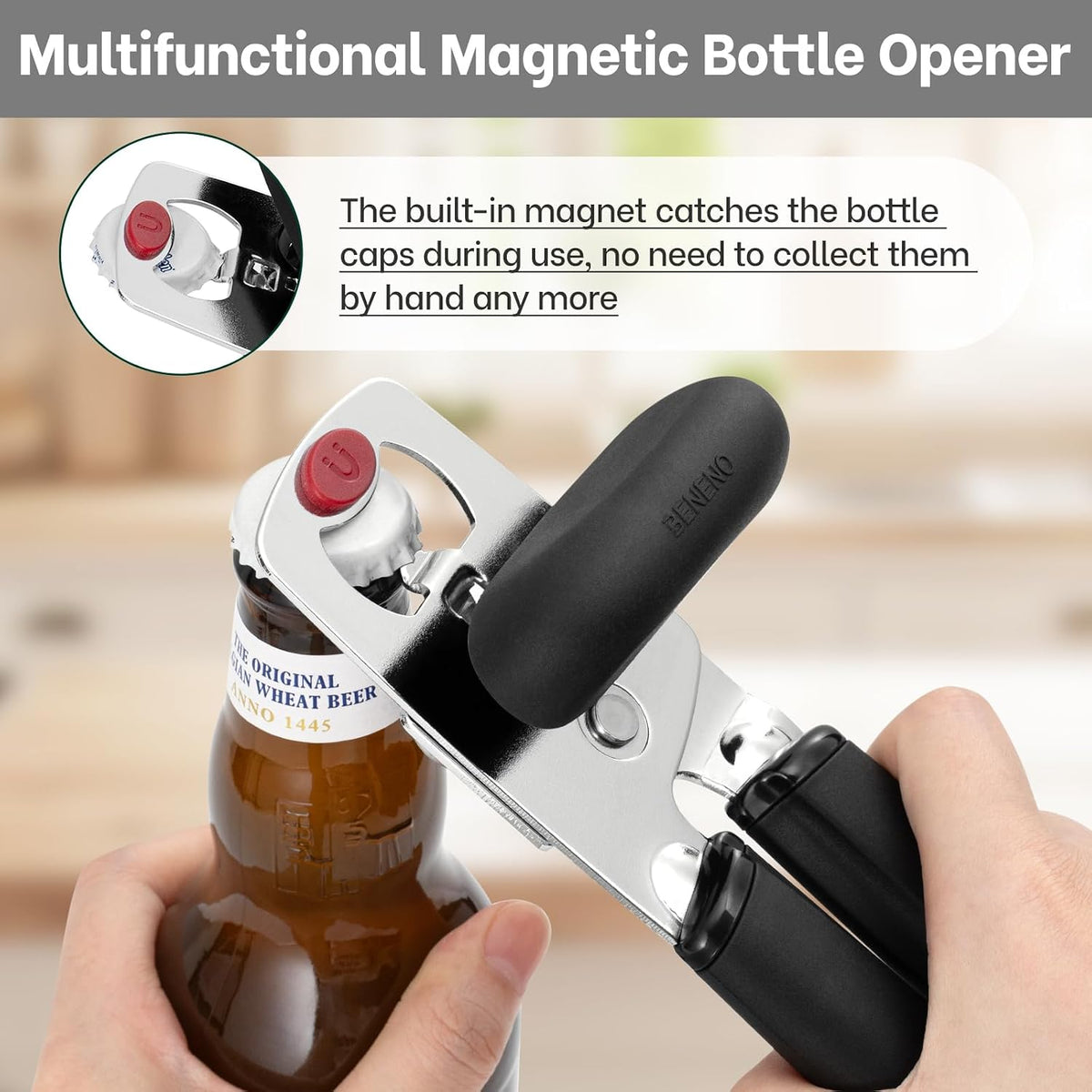 Heavy Duty Magnetic Manual Can Opener and Bottle Opener, Black
