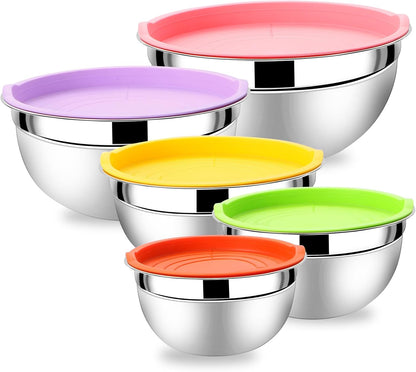 Mixing Bowls with Airtight Lids Set 5 Pcs Stainless Steel Bowls Set Baking Set Non-Slip Silicone Bottoms Great for Serving & Baking
