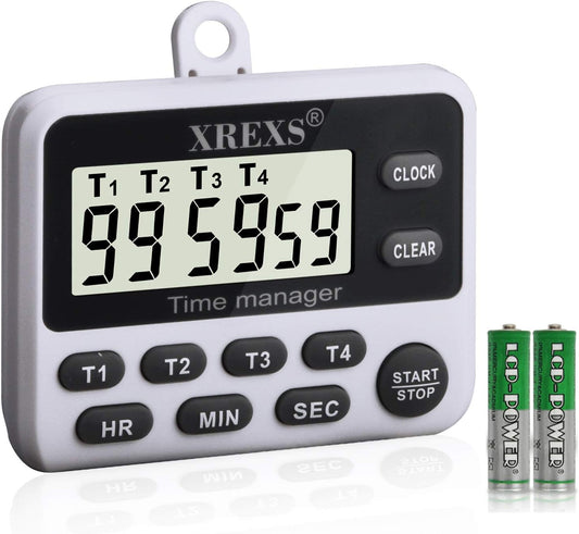 4 Channel Digital Kitchen Timer Clock with Large LCD Display | 4 Groups Simultaneous Timing Countdown Up Pocket Timer, Magnetic Attachable (Battery Included)