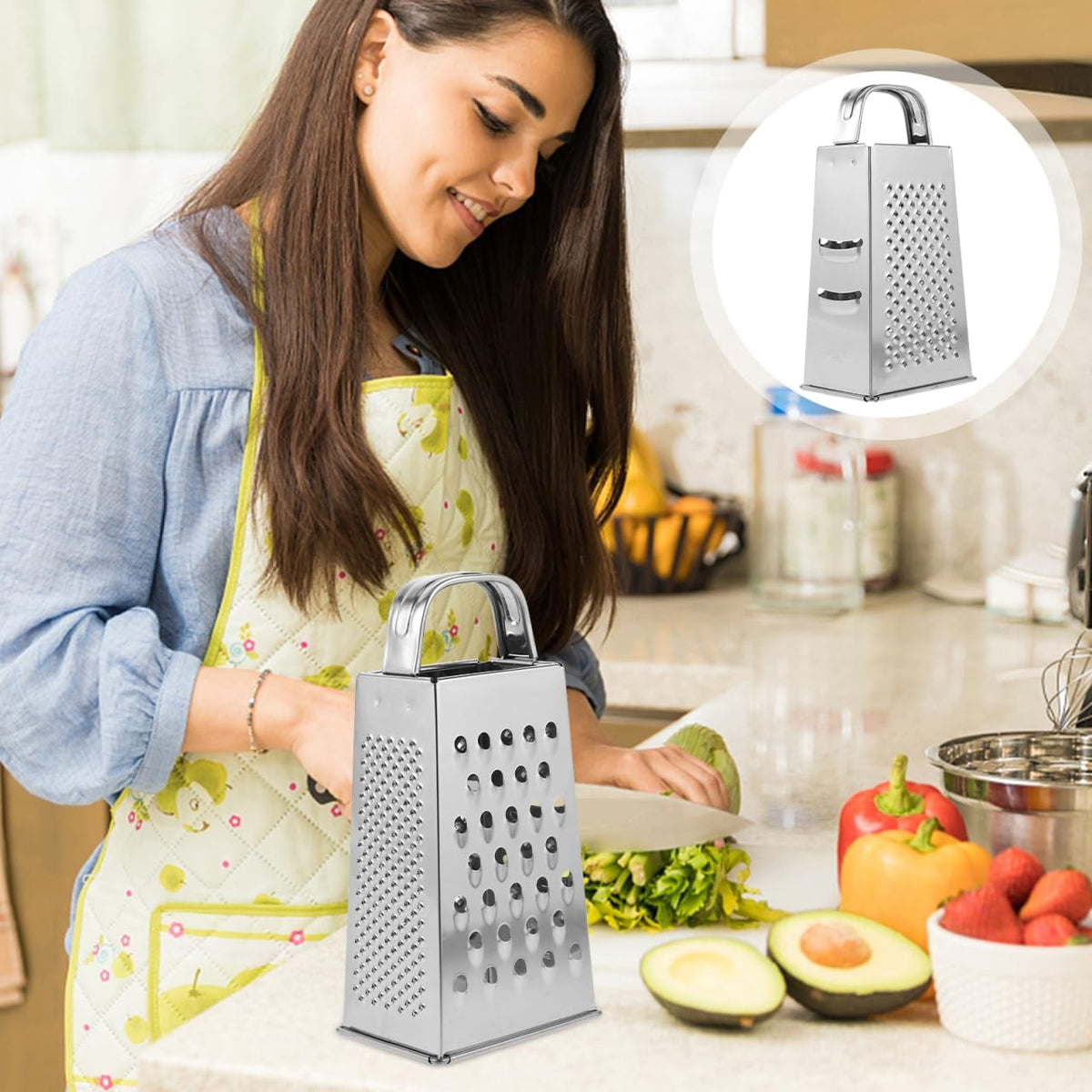 CALLARON Cheese Grater - Stainless Steel Vegetable Grater, 4 Side Ktichen Box Graters with Handle, Multifunction Cutter Slicer for Cheese, Potato, Fruit, Vegetable 3.5 x 7.9 inch