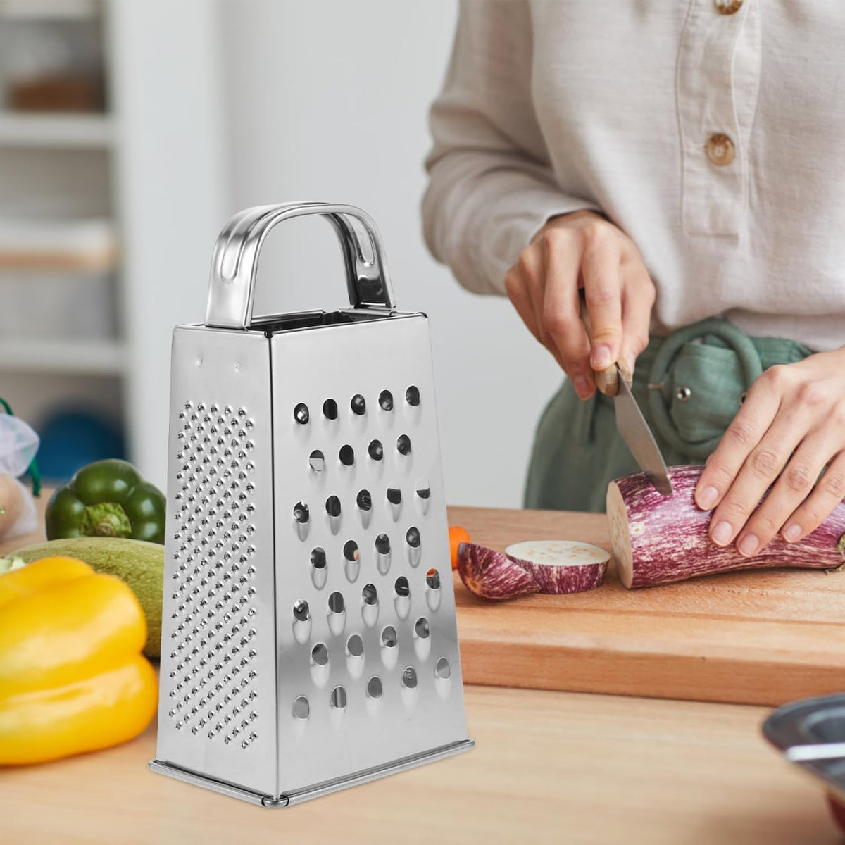 CALLARON Cheese Grater - Stainless Steel Vegetable Grater, 4 Side Ktichen Box Graters with Handle, Multifunction Cutter Slicer for Cheese, Potato, Fruit, Vegetable 3.5 x 7.9 inch