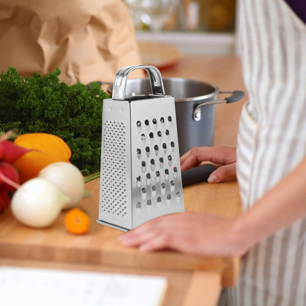 CALLARON Cheese Grater - Stainless Steel Vegetable Grater, 4 Side Ktichen Box Graters with Handle, Multifunction Cutter Slicer for Cheese, Potato, Fruit, Vegetable 3.5 x 7.9 inch