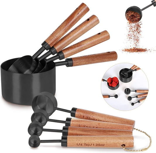 8-Piece Stainless Steel Measuring Cups and Spoons, Acacia Handles, Black