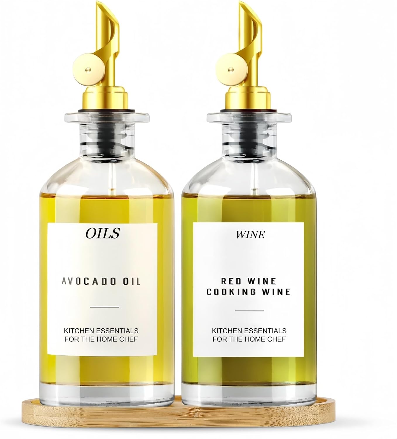 Olive Oil Dispenser,11.8oz Oil Bottle with Bamboo Tray | Set of 2 | Set of 2, Bamboo Tray Included, Labels Included, With Pourer, Oil & Soy Sauce Cruet Set