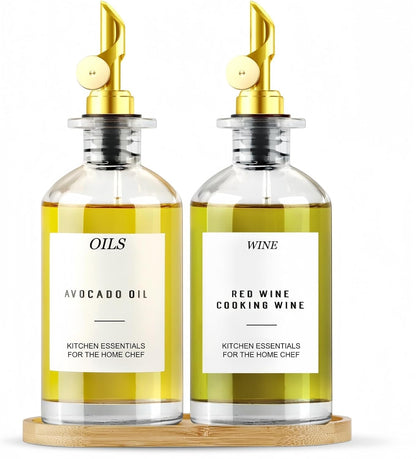 Olive Oil Dispenser,11.8oz Oil Bottle with Bamboo Tray | Set of 2 | Set of 2, Bamboo Tray Included, Labels Included, With Pourer, Oil & Soy Sauce Cruet Set
