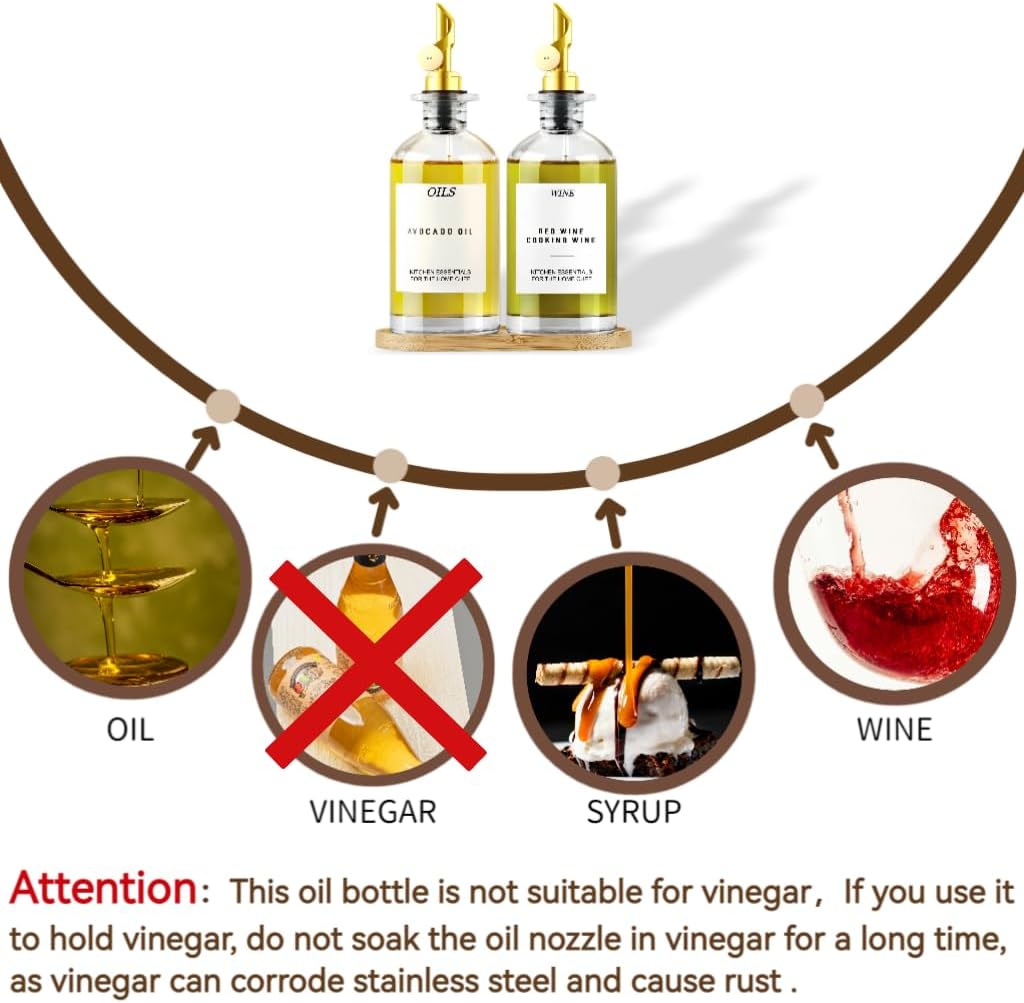 Olive Oil Dispenser,11.8oz Oil Bottle with Bamboo Tray | Set of 2 | Set of 2, Bamboo Tray Included, Labels Included, With Pourer, Oil & Soy Sauce Cruet Set