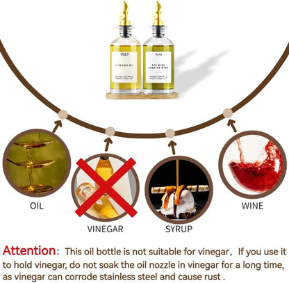 Olive Oil Dispenser,11.8oz Oil Bottle with Bamboo Tray | Set of 2 | Set of 2, Bamboo Tray Included, Labels Included, With Pourer, Oil & Soy Sauce Cruet Set