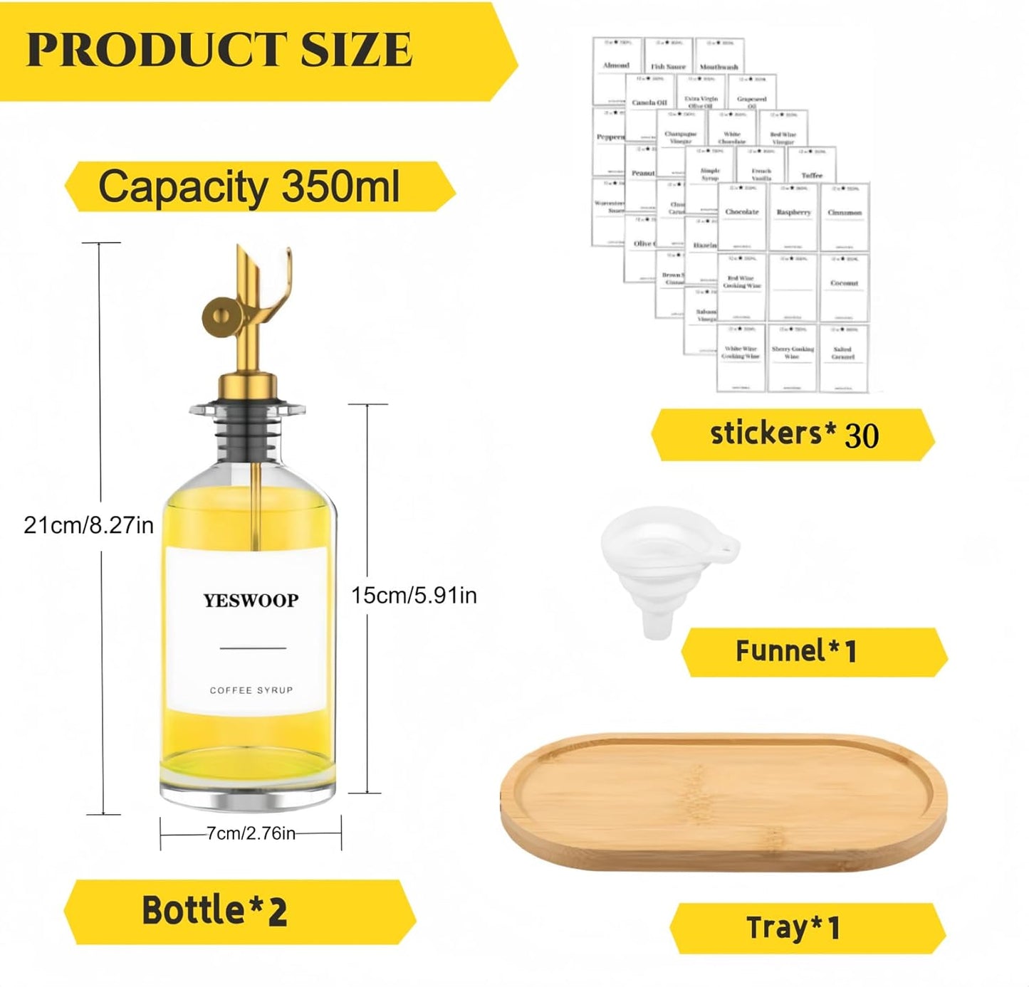 Olive Oil Dispenser,11.8oz Oil Bottle with Bamboo Tray | Set of 2 | Set of 2, Bamboo Tray Included, Labels Included, With Pourer, Oil & Soy Sauce Cruet Set