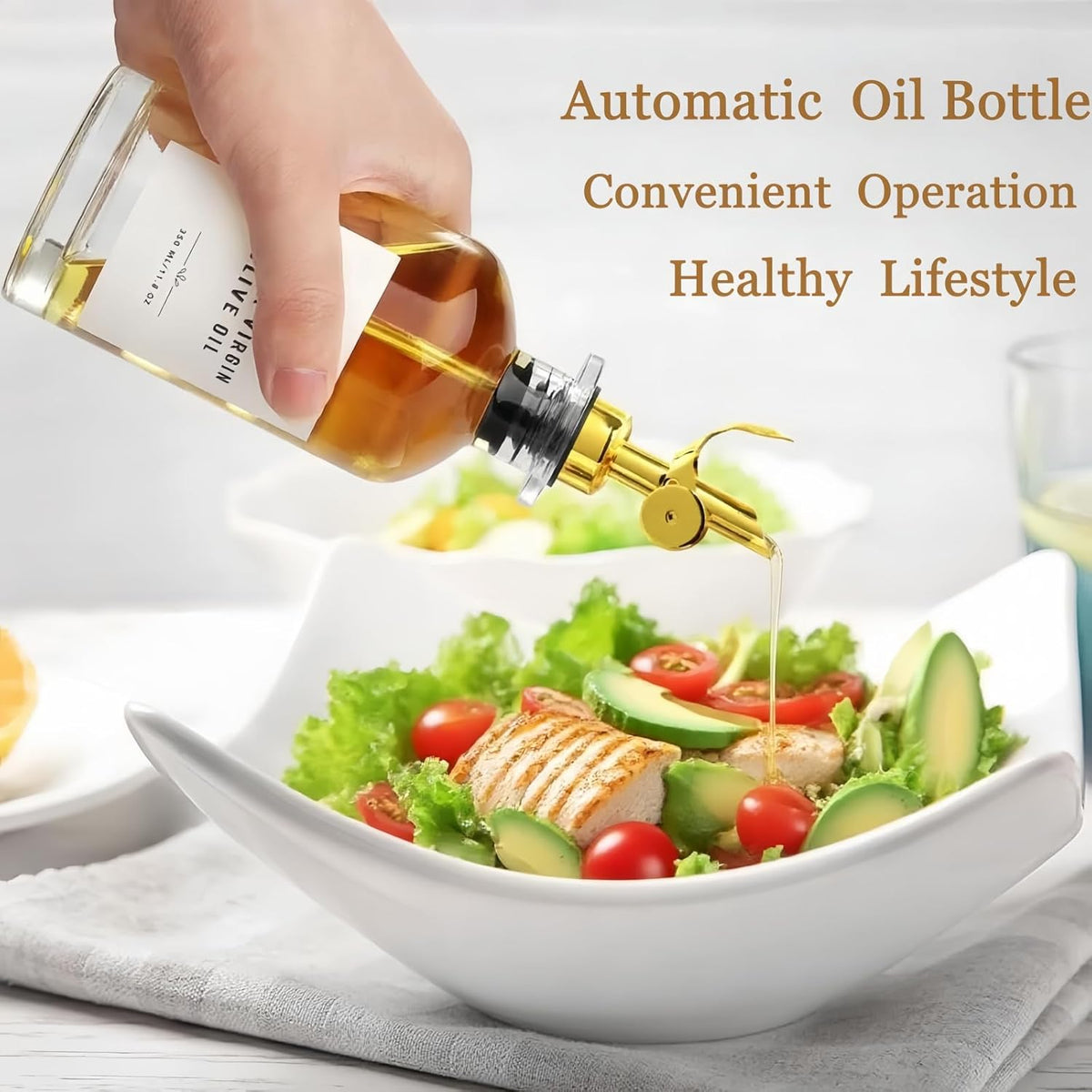 Olive Oil Dispenser,11.8oz Oil Bottle with Bamboo Tray | Set of 2 | Set of 2, Bamboo Tray Included, Labels Included, With Pourer, Oil & Soy Sauce Cruet Set