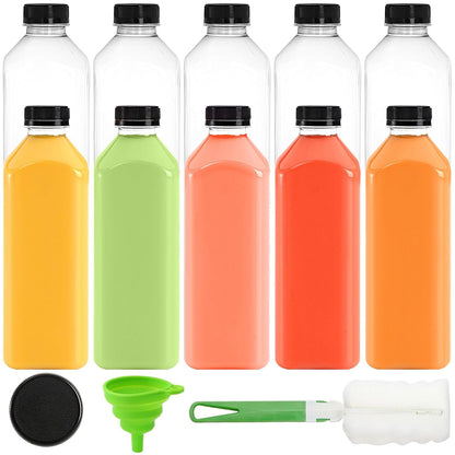 10 Pack 33oz Plastic Juice Bottles with Black Cap, Clear Reusable Containers with Lids, Great Disposable Bottles for Making Juice, Milk, Salad Dressing, Smoothie and Other Beverages