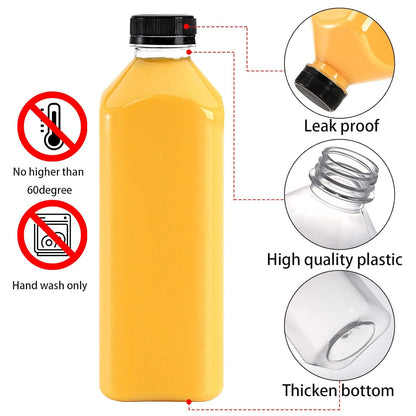 10 Pack 33oz Plastic Juice Bottles with Black Cap, Clear Reusable Containers with Lids, Great Disposable Bottles for Making Juice, Milk, Salad Dressing, Smoothie and Other Beverages