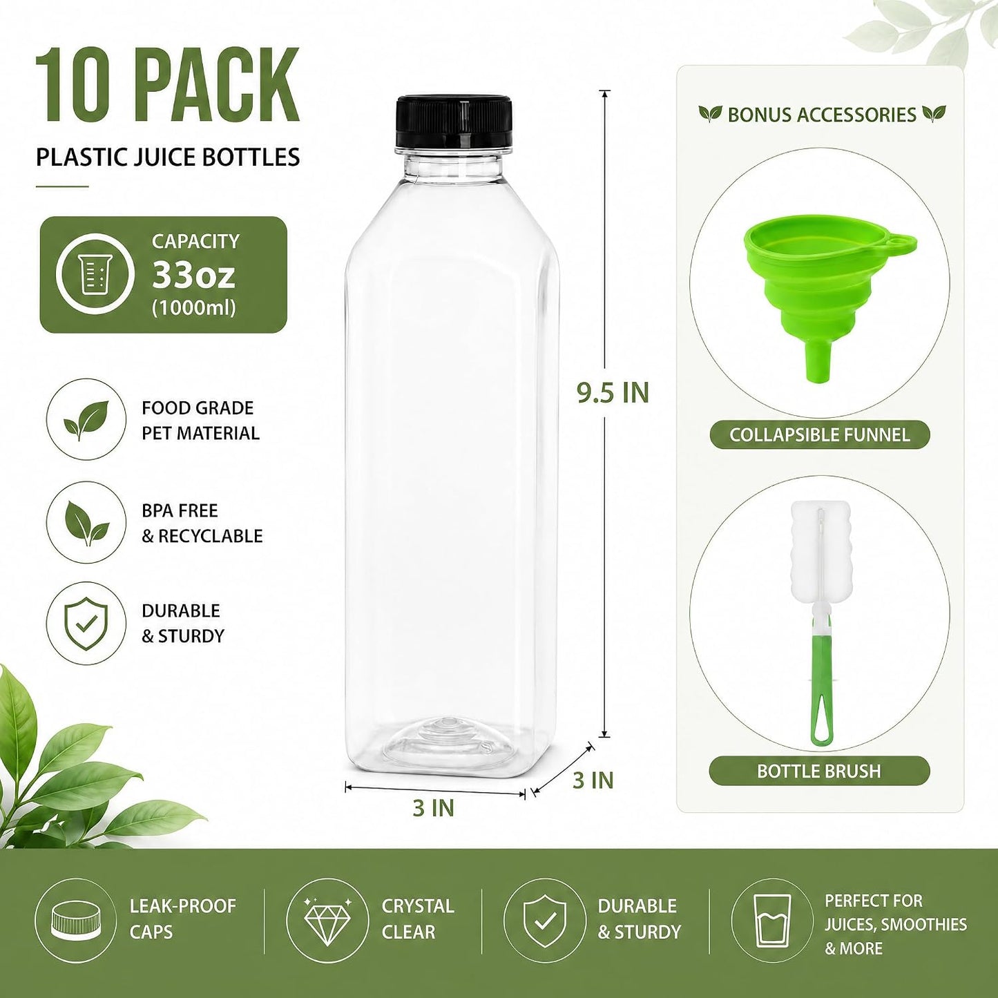 10 Pack 33oz Plastic Juice Bottles with Black Cap, Clear Reusable Containers with Lids, Great Disposable Bottles for Making Juice, Milk, Salad Dressing, Smoothie and Other Beverages