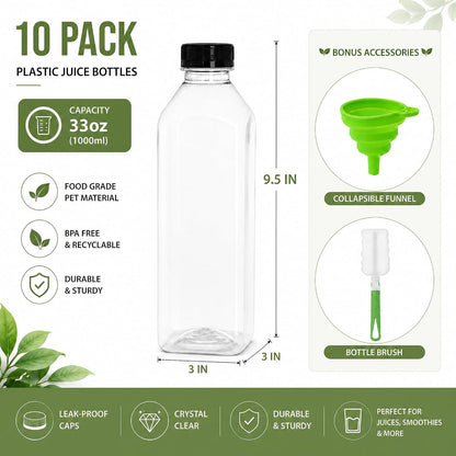 10 Pack 33oz Plastic Juice Bottles with Black Cap, Clear Reusable Containers with Lids, Great Disposable Bottles for Making Juice, Milk, Salad Dressing, Smoothie and Other Beverages