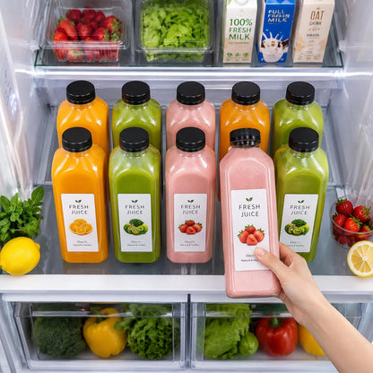 10 Pack 33oz Plastic Juice Bottles with Black Cap, Clear Reusable Containers with Lids, Great Disposable Bottles for Making Juice, Milk, Salad Dressing, Smoothie and Other Beverages