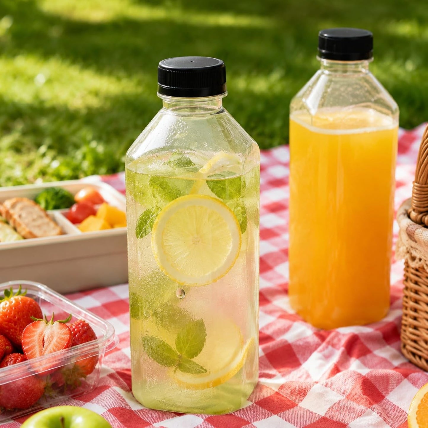 10 Pack 33oz Plastic Juice Bottles with Black Cap, Clear Reusable Containers with Lids, Great Disposable Bottles for Making Juice, Milk, Salad Dressing, Smoothie and Other Beverages