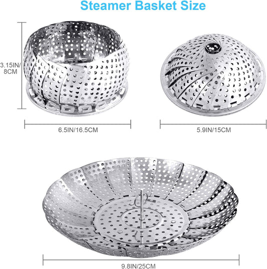 Veggie Vegetable Steamer Basket, Folding Steaming Basket, Metal Collapsible Stainless Steel Steamer Basket Insert for Cooking Food, Expandable Fit Various Size Pot(5.9" to 9.8")
