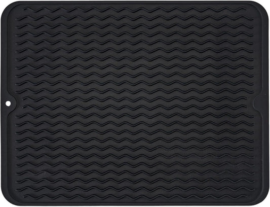 Large 17" x 14" Silicone Dish Drying Mat for Kitchen Counter, Easy clean, Quick Dry, Heat-resistant Dish Drainer Mat for Sink,Refrigerator or Drawer liner (Food Grade Silicone-Black)