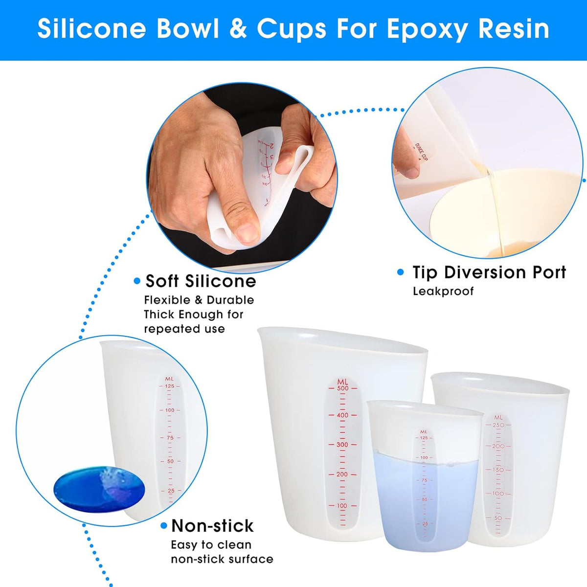 Silicone Measuring Cups (2 Cup + 1 Cup) Flexible Measure Melting Cups for Epoxy Resin Butter, Chocolate Squeeze Pour Baking Cup Dishwasher Safe BPA Free 500/250 ML with Marking Cup/Ounce