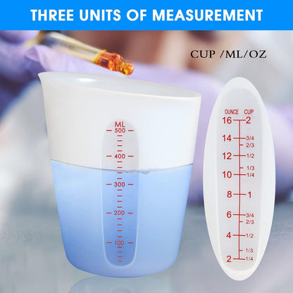 Silicone Measuring Cups (2 Cup + 1 Cup) Flexible Measure Melting Cups for Epoxy Resin Butter, Chocolate Squeeze Pour Baking Cup Dishwasher Safe BPA Free 500/250 ML with Marking Cup/Ounce