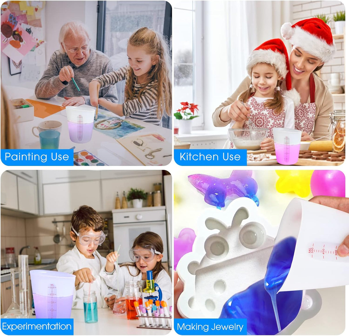 Silicone Measuring Cups (2 Cup + 1 Cup) Flexible Measure Melting Cups for Epoxy Resin Butter, Chocolate Squeeze Pour Baking Cup Dishwasher Safe BPA Free 500/250 ML with Marking Cup/Ounce