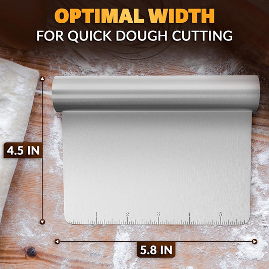 Stainless Steel Bench Scraper, 5.9 x 4.53 In, Measurement Marks | Pastry Scraper Tool with Ergonomic Handle, Resists Bending for Clean Cuts; Dough Cutter for Sourdough, Pizza and Cookie