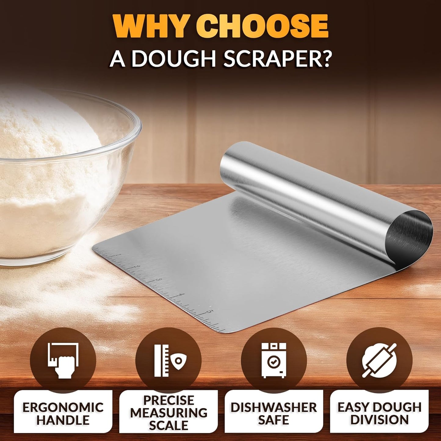 Stainless Steel Bench Scraper, 5.9 x 4.53 In, Measurement Marks | Pastry Scraper Tool with Ergonomic Handle, Resists Bending for Clean Cuts; Dough Cutter for Sourdough, Pizza and Cookie