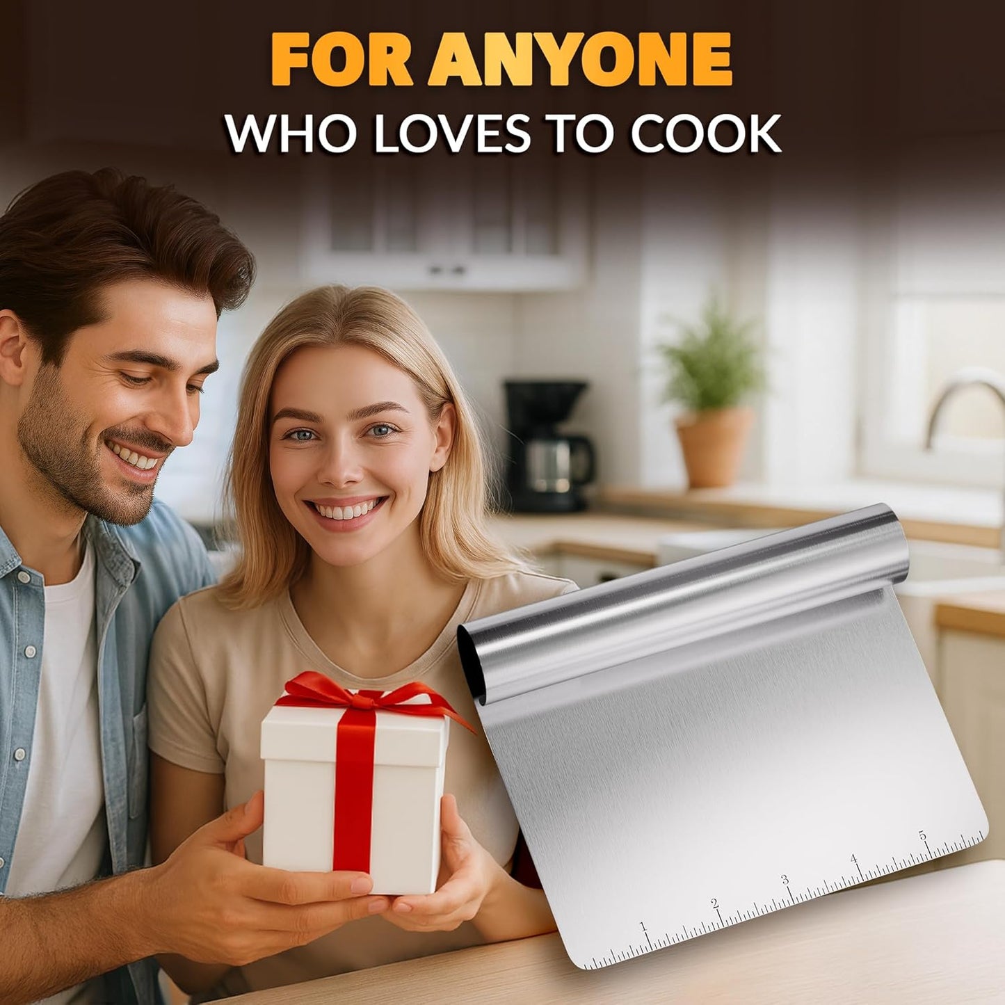 Stainless Steel Bench Scraper, 5.9 x 4.53 In, Measurement Marks | Pastry Scraper Tool with Ergonomic Handle, Resists Bending for Clean Cuts; Dough Cutter for Sourdough, Pizza and Cookie