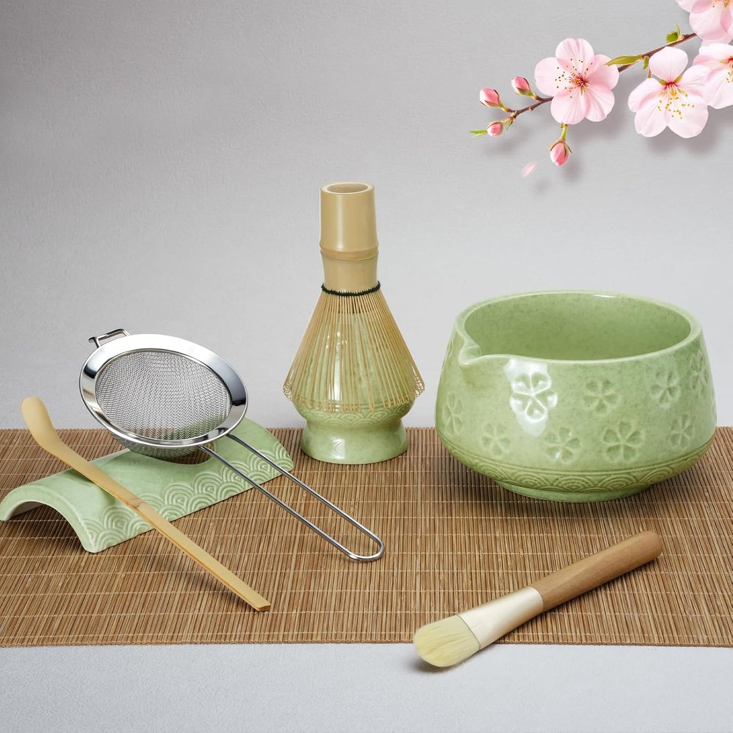 8 Pcs Matcha Whisk Set: Matcha Bowl, Whisk and Holder, Cleaning Brush, Bamboo Scoop, 304 Sifter, Tool Holder, Tea Mat – Matcha Set Kit Gifts for Women, Mom, Valentines Day (Mottled Green)