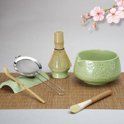 8 Pcs Matcha Whisk Set: Matcha Bowl, Whisk and Holder, Cleaning Brush, Bamboo Scoop, 304 Sifter, Tool Holder, Tea Mat – Matcha Set Kit Gifts for Women, Mom, Valentines Day (Mottled Green)