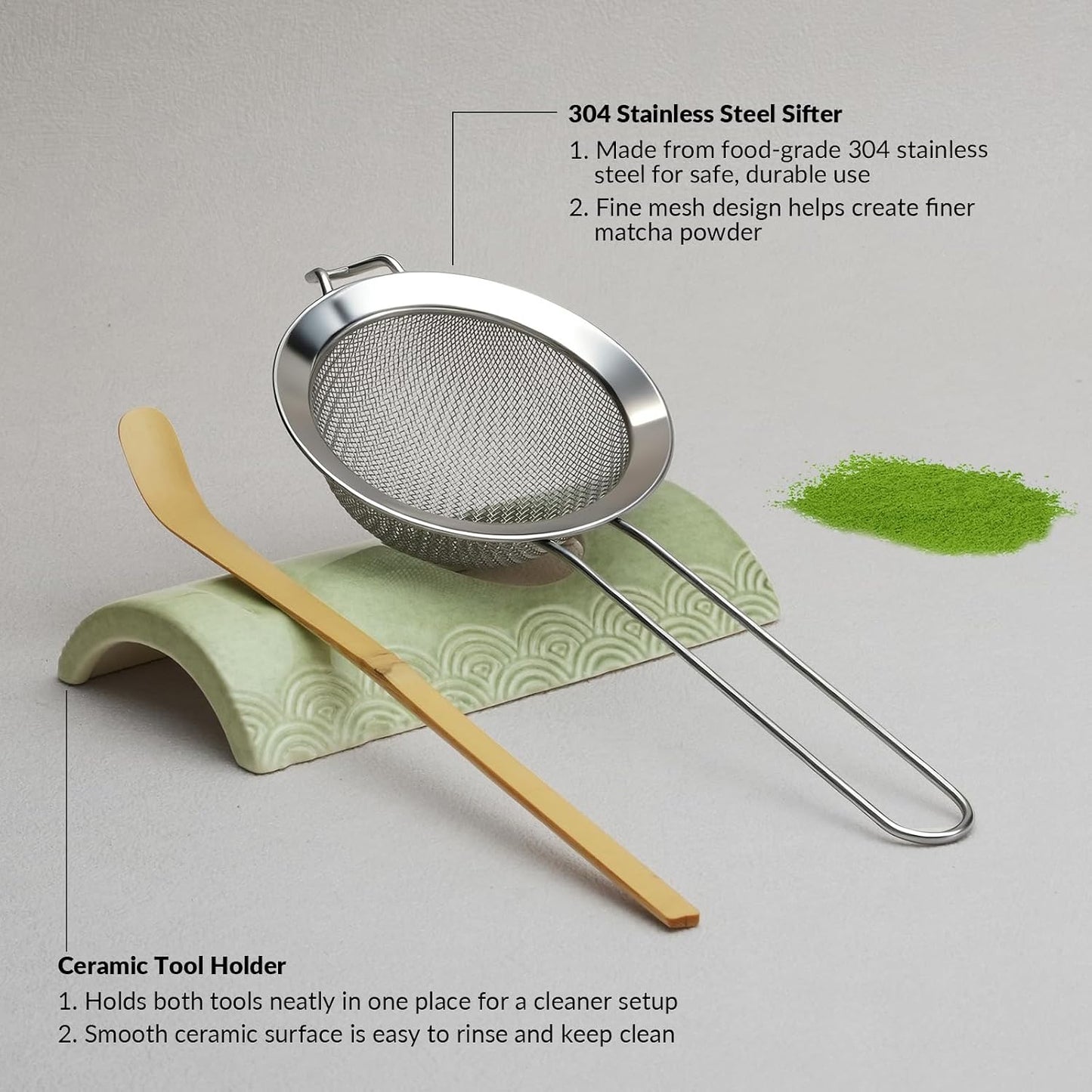 8 Pcs Matcha Whisk Set: Matcha Bowl, Whisk and Holder, Cleaning Brush, Bamboo Scoop, 304 Sifter, Tool Holder, Tea Mat – Matcha Set Kit Gifts for Women, Mom, Valentines Day (Mottled Green)