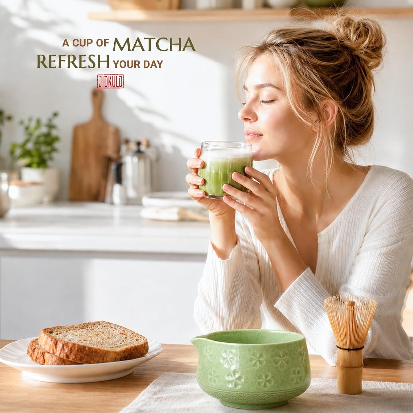 8 Pcs Matcha Whisk Set: Matcha Bowl, Whisk and Holder, Cleaning Brush, Bamboo Scoop, 304 Sifter, Tool Holder, Tea Mat – Matcha Set Kit Gifts for Women, Mom, Valentines Day (Mottled Green)