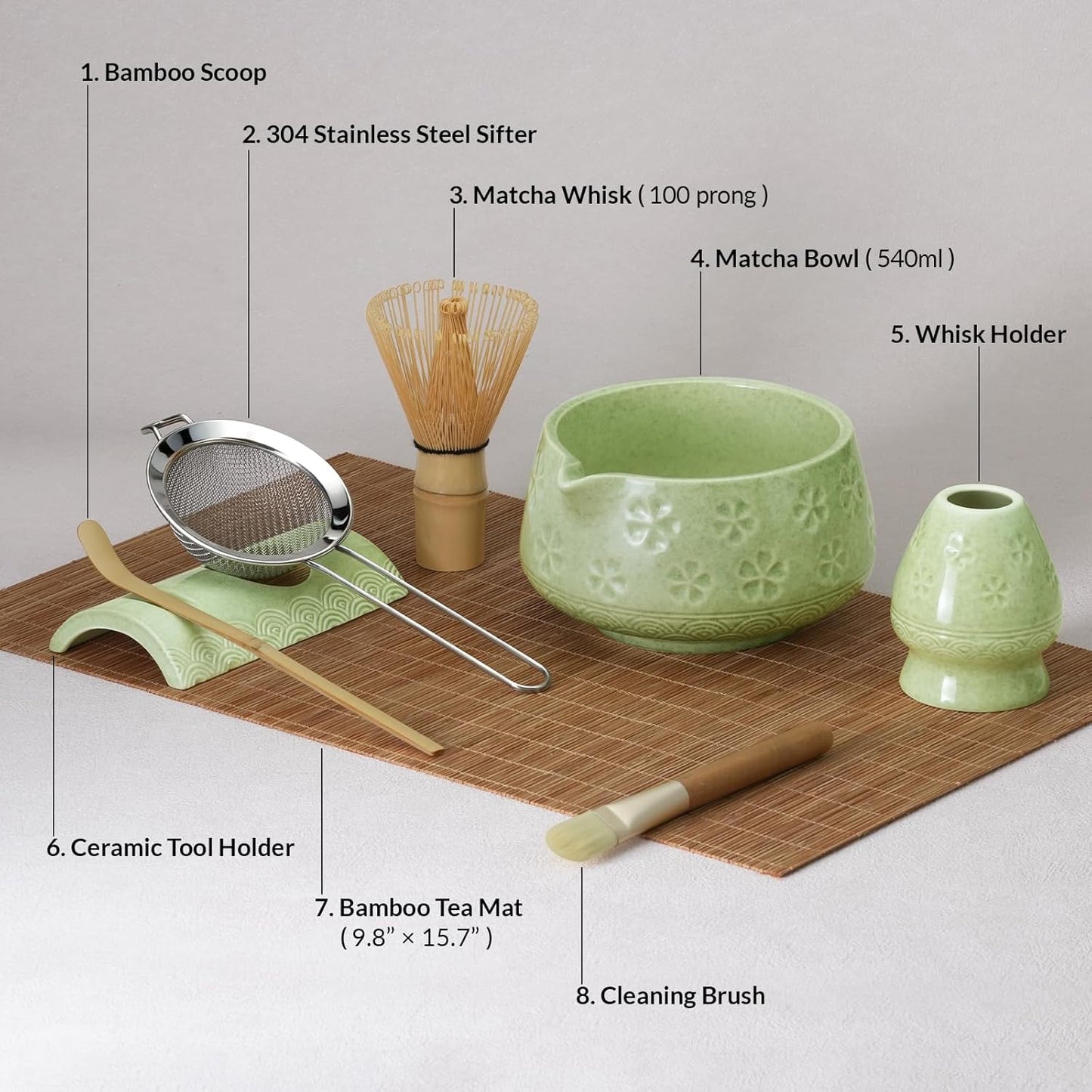 8 Pcs Matcha Whisk Set: Matcha Bowl, Whisk and Holder, Cleaning Brush, Bamboo Scoop, 304 Sifter, Tool Holder, Tea Mat – Matcha Set Kit Gifts for Women, Mom, Valentines Day (Mottled Green)