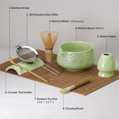 8 Pcs Matcha Whisk Set: Matcha Bowl, Whisk and Holder, Cleaning Brush, Bamboo Scoop, 304 Sifter, Tool Holder, Tea Mat – Matcha Set Kit Gifts for Women, Mom, Valentines Day (Mottled Green)