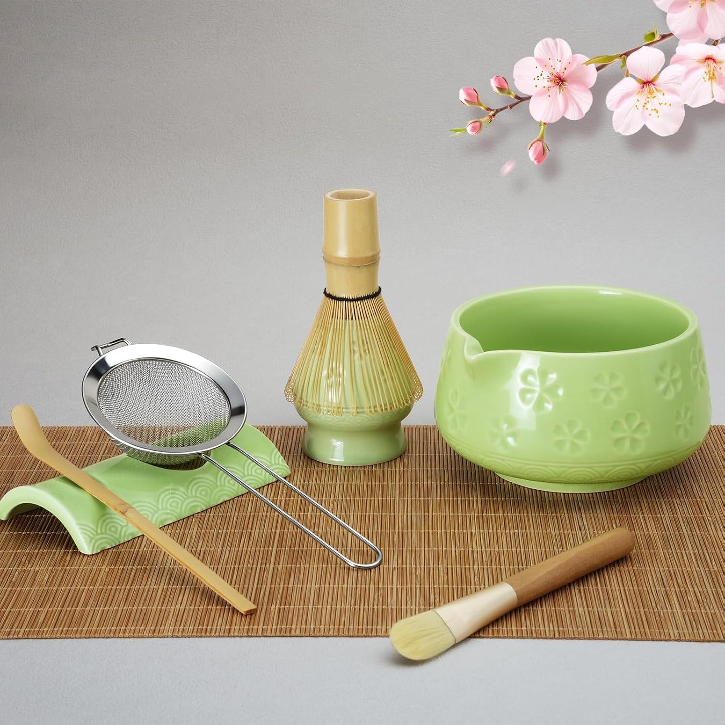 8 Pcs Matcha Whisk Set: Matcha Bowl, Whisk and Holder, Cleaning Brush, Bamboo Scoop, 304 Sifter, Tool Holder, Tea Mat – Matcha Set Kit Gifts for Women, Mom, Valentines Day (Mottled Green)