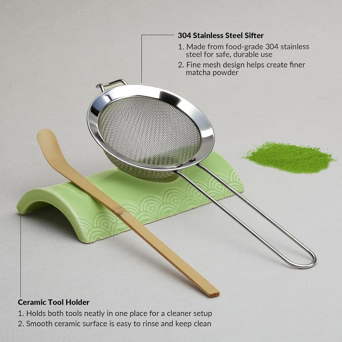 8 Pcs Matcha Whisk Set: Matcha Bowl, Whisk and Holder, Cleaning Brush, Bamboo Scoop, 304 Sifter, Tool Holder, Tea Mat – Matcha Set Kit Gifts for Women, Mom, Valentines Day (Mottled Green)