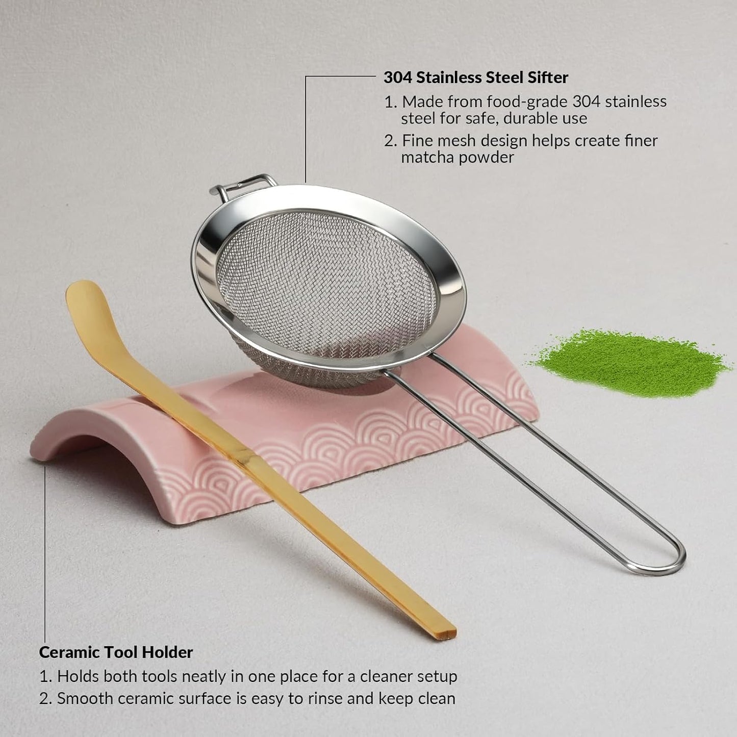8 Pcs Matcha Whisk Set: Matcha Bowl, Whisk and Holder, Cleaning Brush, Bamboo Scoop, 304 Sifter, Tool Holder, Tea Mat – Matcha Set Kit Gifts for Women, Mom, Valentines Day (Mottled Green)