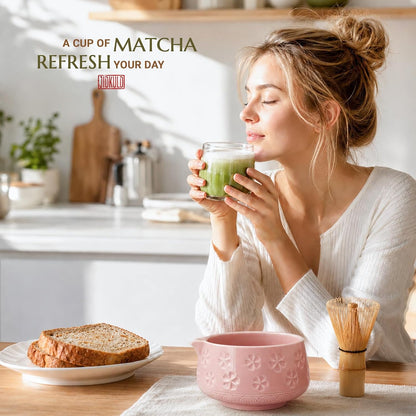8 Pcs Matcha Whisk Set: Matcha Bowl, Whisk and Holder, Cleaning Brush, Bamboo Scoop, 304 Sifter, Tool Holder, Tea Mat – Matcha Set Kit Gifts for Women, Mom, Valentines Day (Mottled Green)