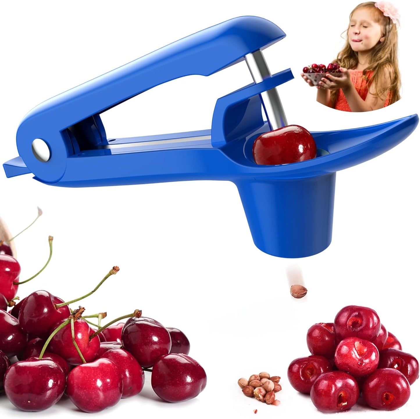 Cherry Pitter - Stainless Steel Cherries Corer Pitter Tool with Hand-held Push Design, Save Time & Space for Making Cherry Jam with Lock Design(Blue)