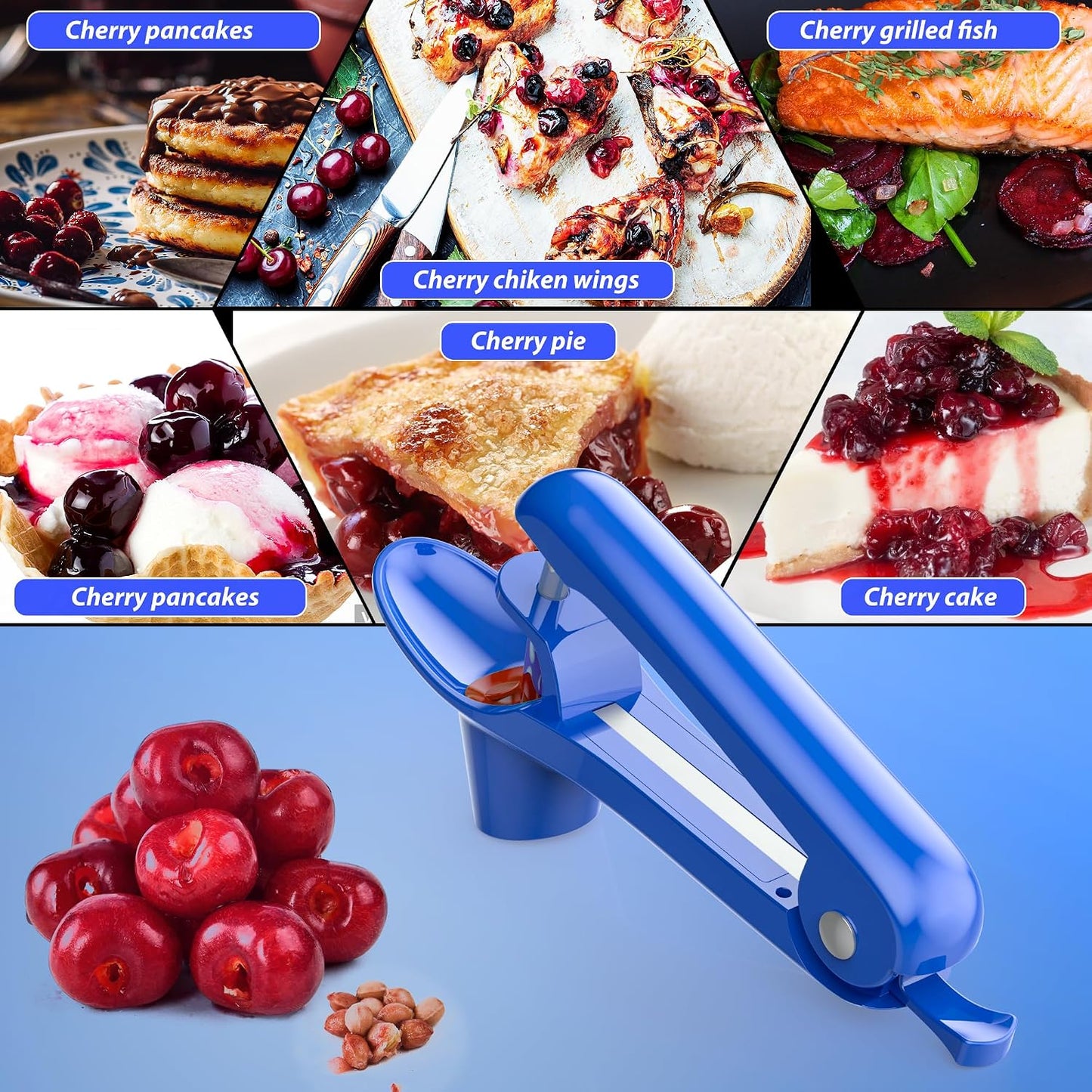 Cherry Pitter - Stainless Steel Cherries Corer Pitter Tool with Hand-held Push Design, Save Time & Space for Making Cherry Jam with Lock Design(Blue)