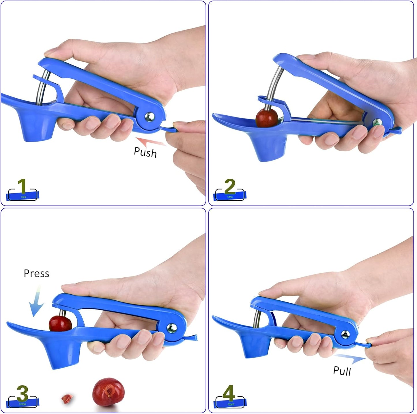 Cherry Pitter - Stainless Steel Cherries Corer Pitter Tool with Hand-held Push Design, Save Time & Space for Making Cherry Jam with Lock Design(Blue)