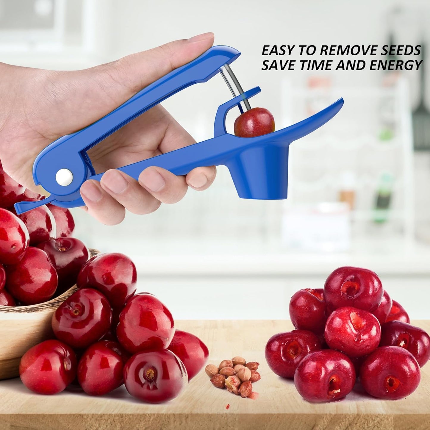 Cherry Pitter - Stainless Steel Cherries Corer Pitter Tool with Hand-held Push Design, Save Time & Space for Making Cherry Jam with Lock Design(Blue)