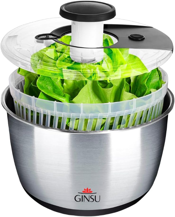 Pump Salad Spinner with Stainless Steel Bowl 6L Large Capacity Manual Spinner, Durable BPA-Free Design for Fast Drying Lettuce, Vegetables & Fruits